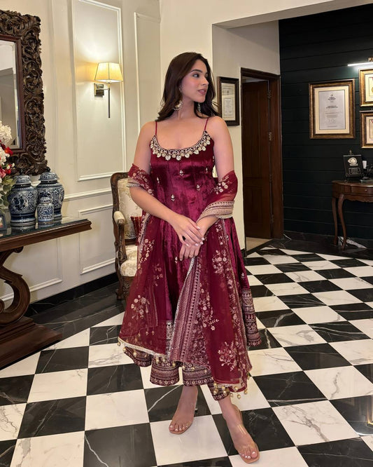 Wine Color Embroidered Vichitra Silk Designer Gown