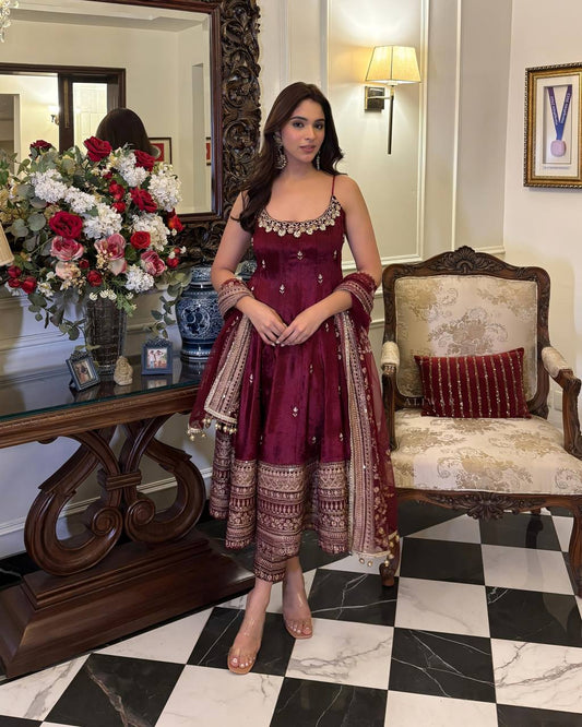 Wine Color Embroidered Vichitra Silk Designer Gown