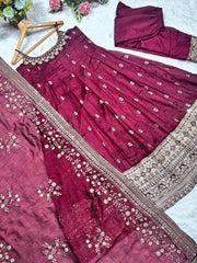 Wine Color Embroidered Vichitra Silk Designer Gown Wine Color Embroidered Vichitra Silk Designer Gown