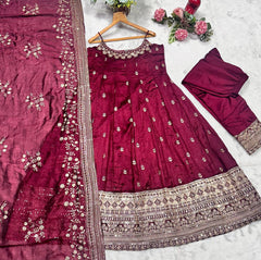 Wine Color Embroidered Vichitra Silk Designer Gown Wine Color Embroidered Vichitra Silk Designer Gown