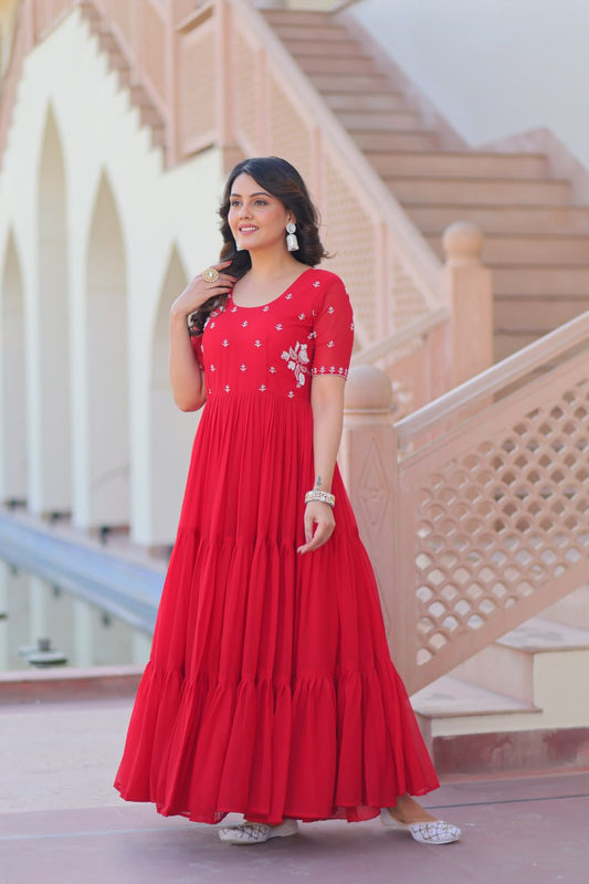 Red Color Beads Work Flattering Gown