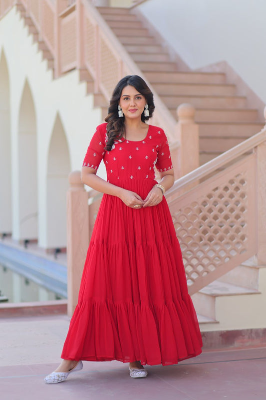 Red Color Beads Work Flattering Gown