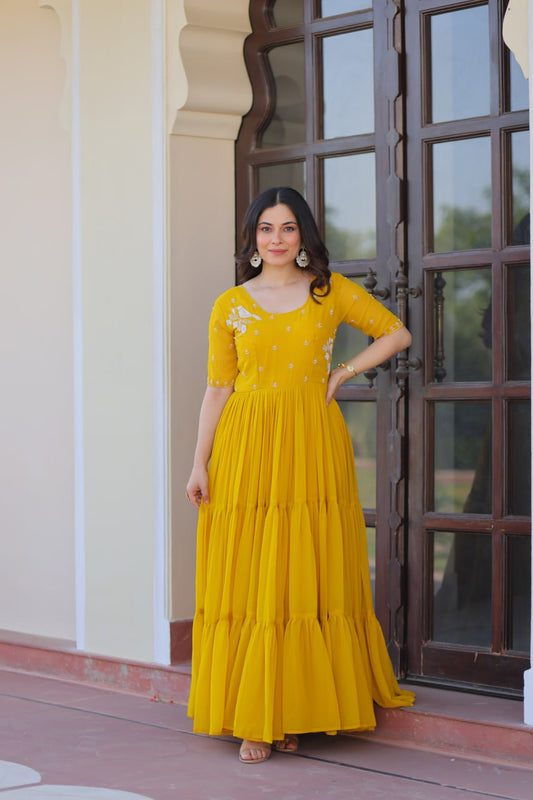 Yellow Color Beads Work Flattering Gown