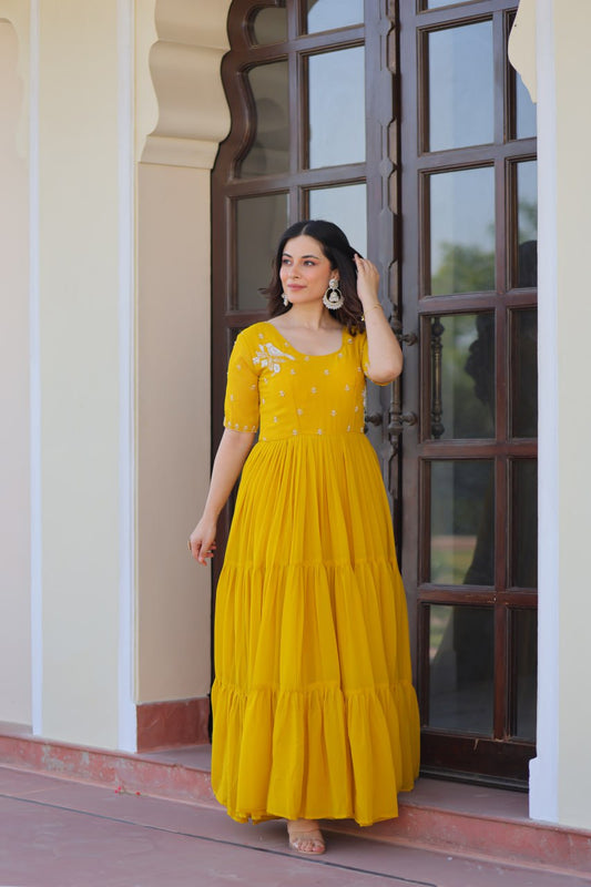 Yellow Color Beads Work Flattering Gown