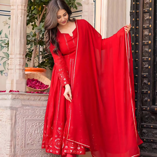 Embroidery Work Red Color Presenting Anarkali Gown