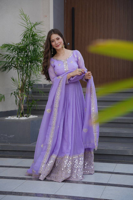 Ravishing Lavender Silk Embroidery Work Gown