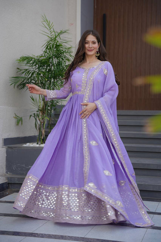 Ravishing Lavender Silk Embroidery Work Gown