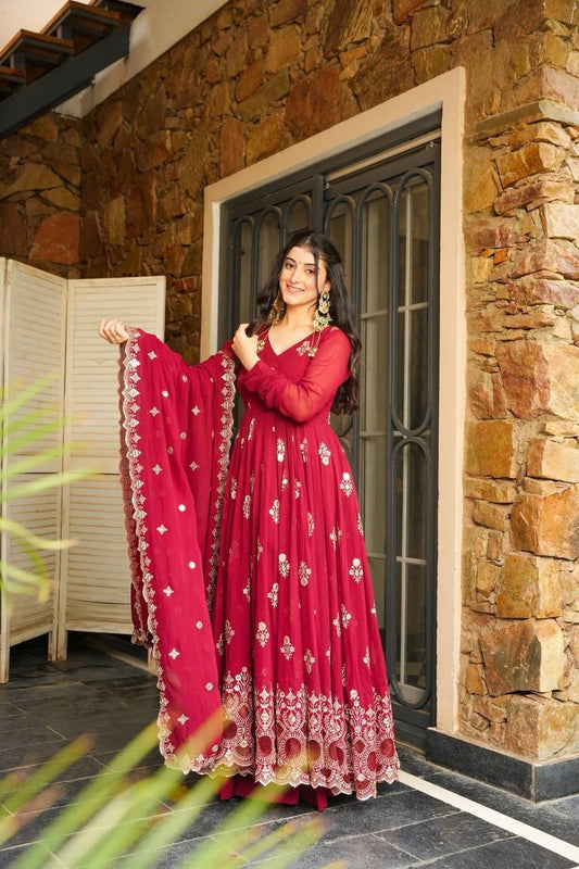 Faux Georgette Embroidered Red Color Ravishing Gown
