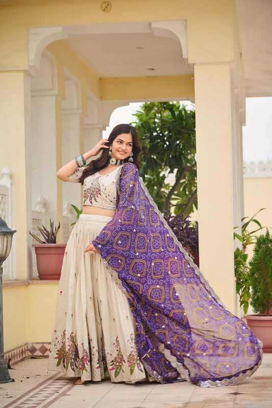 Multi Thread Work White Color Lehenga Choli With Purple Dupatta
