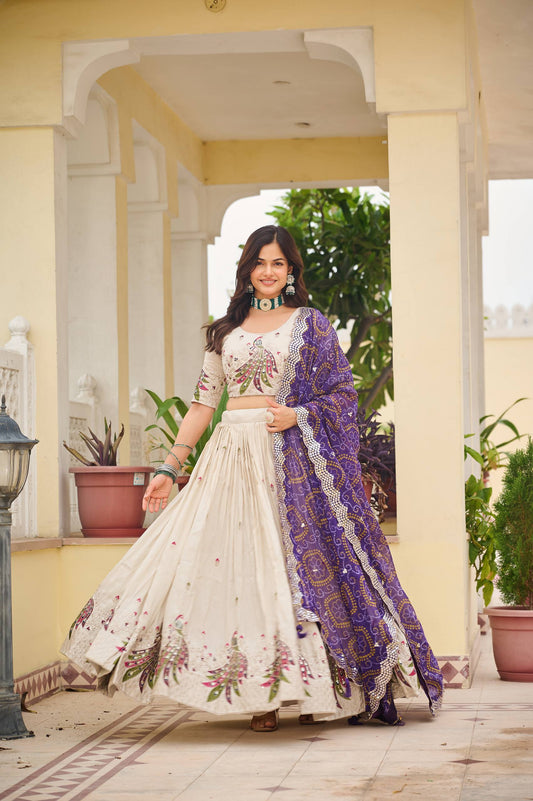 Multi Thread Work White Color Lehenga Choli With Purple Dupatta