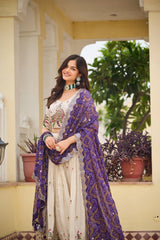 Multi Thread Work White Color Lehenga Choli With Purple Dupatta Multi Thread Work White Color Lehenga Choli With Purple Dupatta