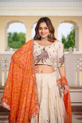 Multi Thread Work White Color Lehenga Choli With Orange Dupatta Multi Thread Work White Color Lehenga Choli With Orange Dupatta