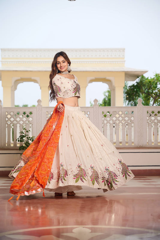 Multi Thread Work White Color Lehenga Choli With Orange Dupatta