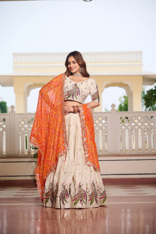 Multi Thread Work White Color Lehenga Choli With Orange Dupatta