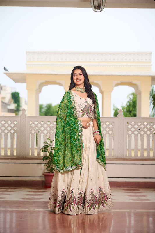 Multi Thread Work White Color Lehenga Choli With Green Dupatta