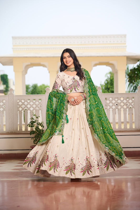 Multi Thread Work White Color Lehenga Choli With Green Dupatta