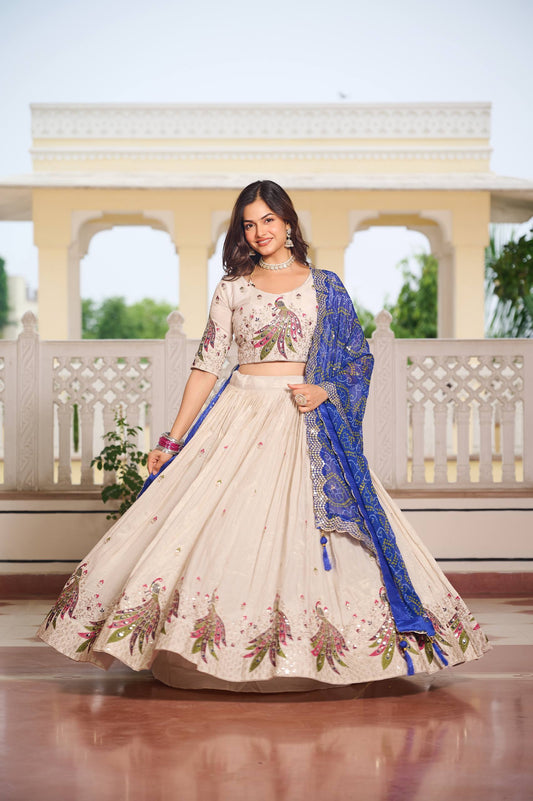 Multi Thread Work White Color Lehenga Choli With Blue Dupatta