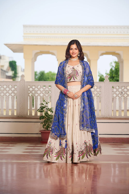 Multi Thread Work White Color Lehenga Choli With Blue Dupatta