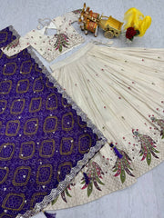 Multi Thread Work White Color Lehenga Choli With Purple Dupatta Multi Thread Work White Color Lehenga Choli With Purple Dupatta