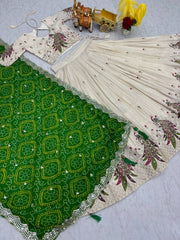 Multi Thread Work White Color Lehenga Choli With Green Dupatta Multi Thread Work White Color Lehenga Choli With Green Dupatta