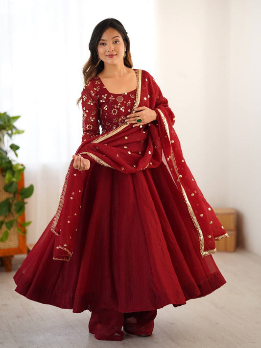 Glorious Red Silk Embroidery Work Gown