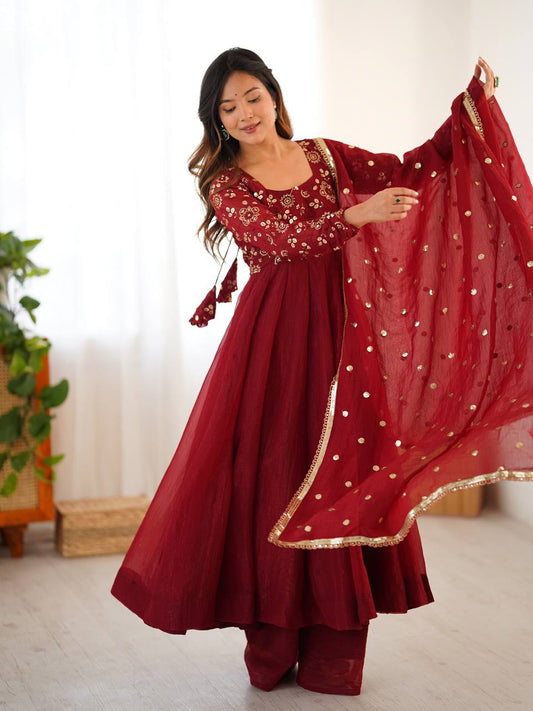 Glorious Red Silk Embroidery Work Gown