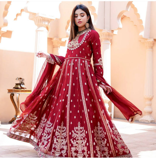Ravishing Red Georgette Embroidery Work Gown