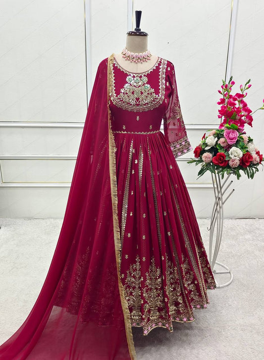 Ravishing Red Georgette Embroidery Work Gown