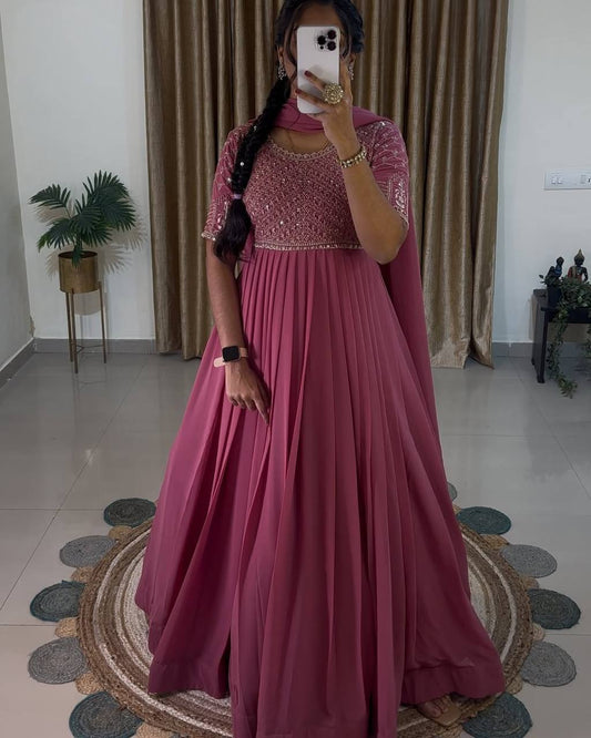Pink Color Faux Georgette Flattering Long Gown