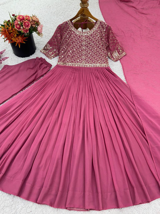 Pink Color Faux Georgette Flattering Long Gown