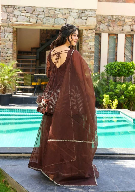 Amazing Brown Georgette Embroidered Work Sharara Suit