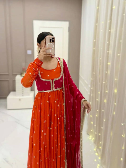 Orange Color Embroidered Designer Gown With Koti
