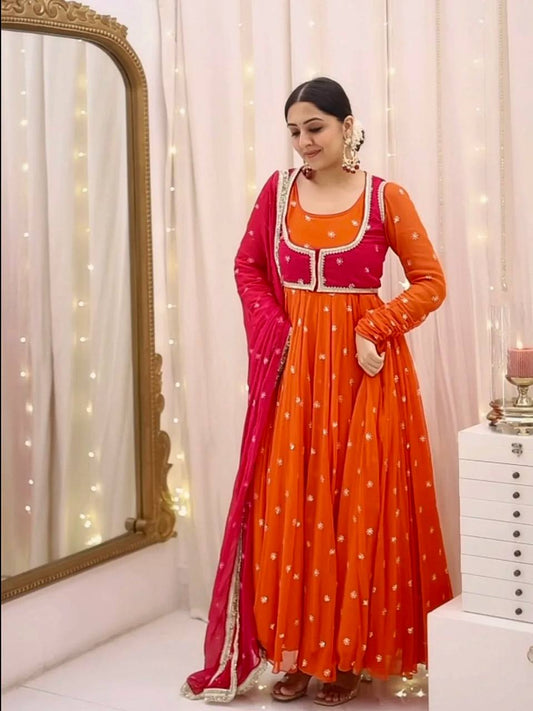 Orange Color Embroidered Designer Gown With Koti