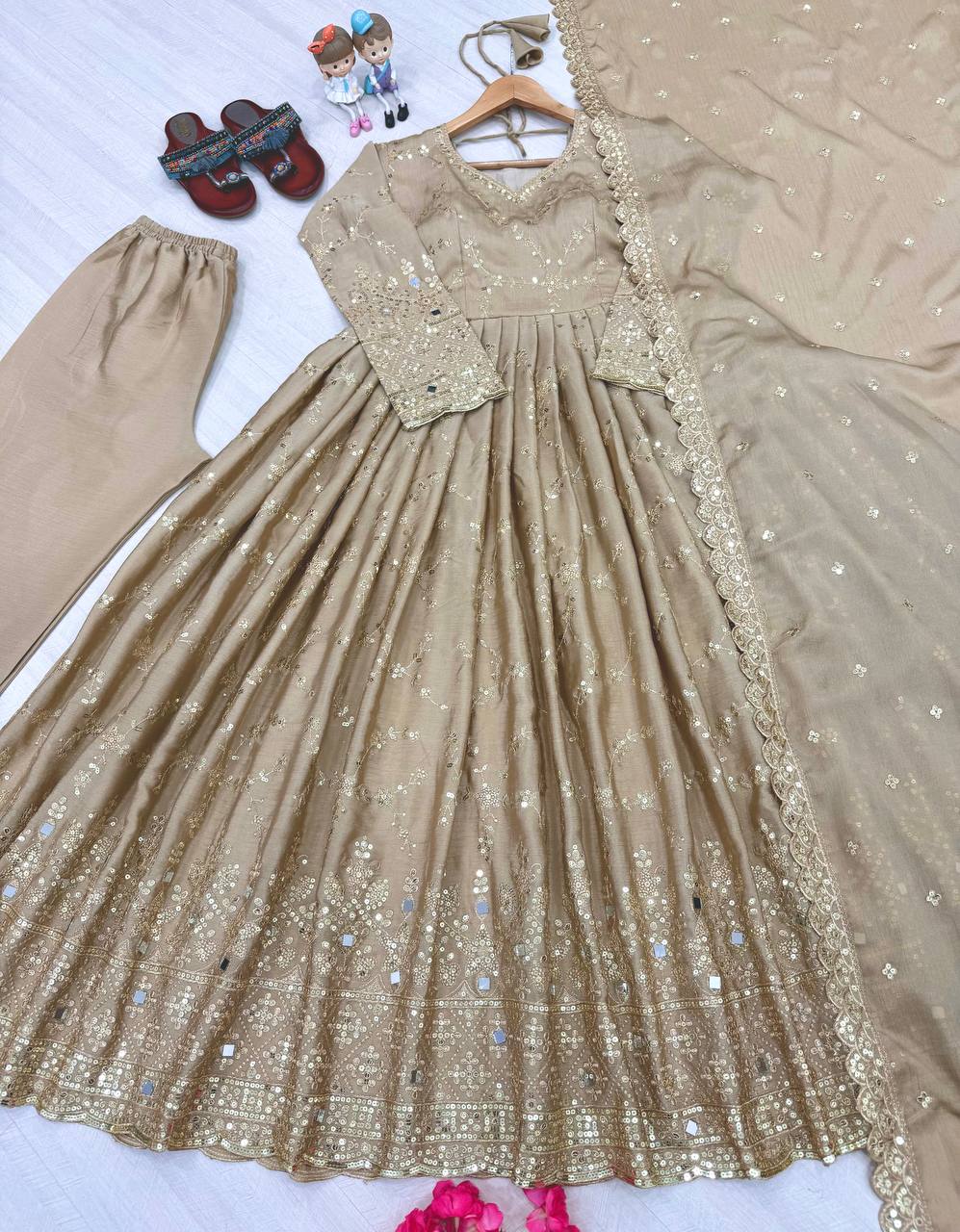 Demanding Sequence Work Beige Color Anarkali Gown