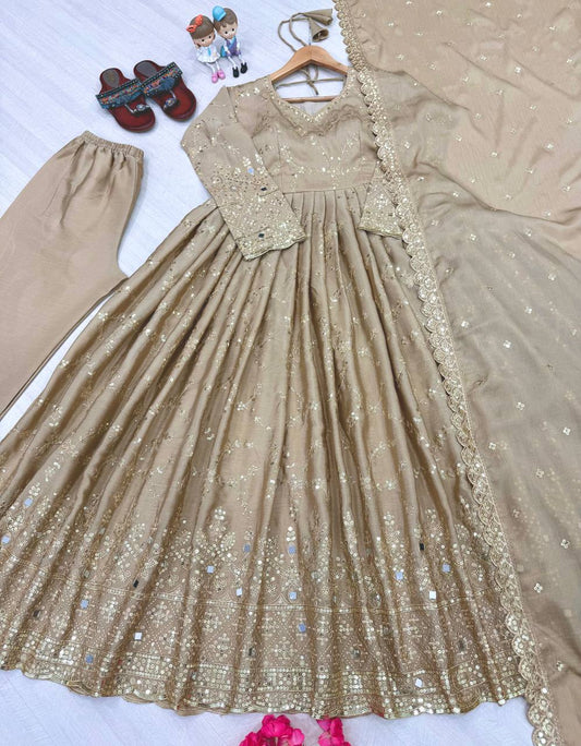 Demanding Sequence Work Beige Color Anarkali Gown