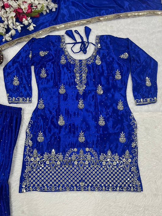 Stylish Mustard Chinon Silk Sequence Work Sharara Suit