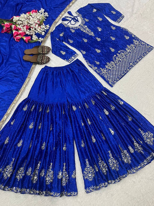 Stylish Mustard Chinon Silk Sequence Work Sharara Suit