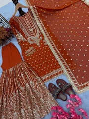 Orange Color Heavy Work Flattering Sharara Suit Orange Color Heavy Work Flattering Sharara Suit