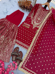 Pink Color Heavy Work Flattering Sharara Suit Pink Color Heavy Work Flattering Sharara Suit
