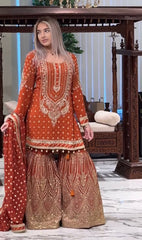 Orange Color Heavy Work Flattering Sharara Suit Orange Color Heavy Work Flattering Sharara Suit