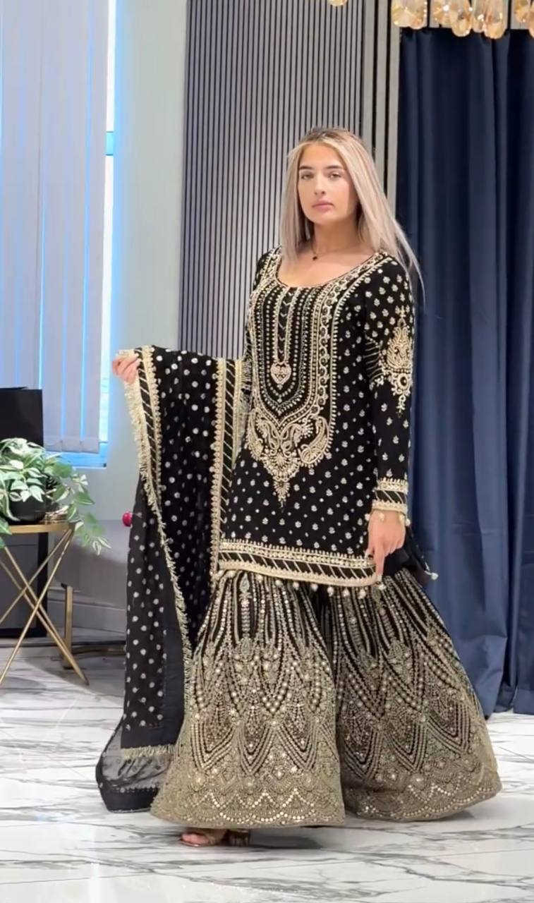 Black Color Heavy Work Flattering Sharara Suit