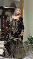 Black Color Heavy Work Flattering Sharara Suit Black Color Heavy Work Flattering Sharara Suit