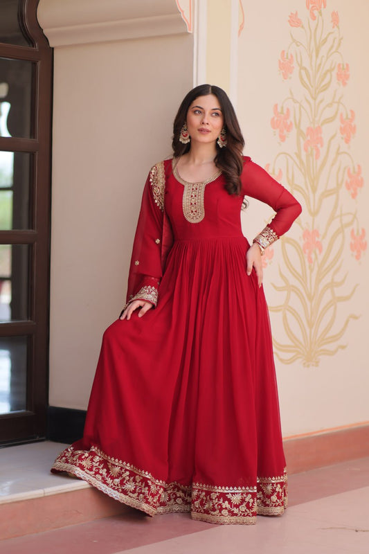 Marron Color Georgette Sequence With Embroidered Gown
