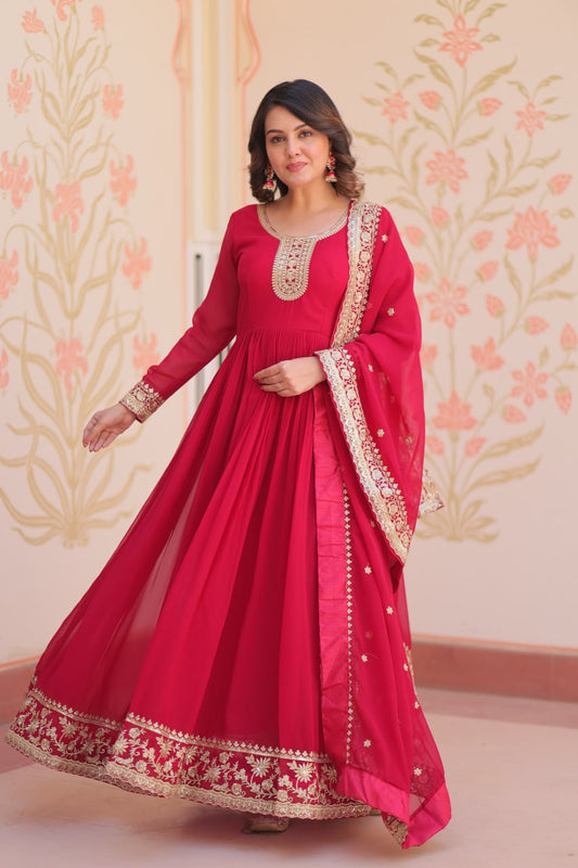 Rani Pink Color Georgette Sequence With Embroidered Gown