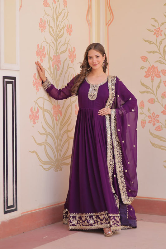 Purple Color Georgette Sequence With Embroidered Gown