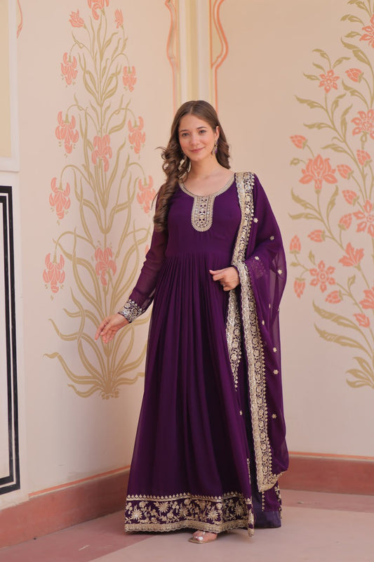 Purple Color Georgette Sequence With Embroidered Gown