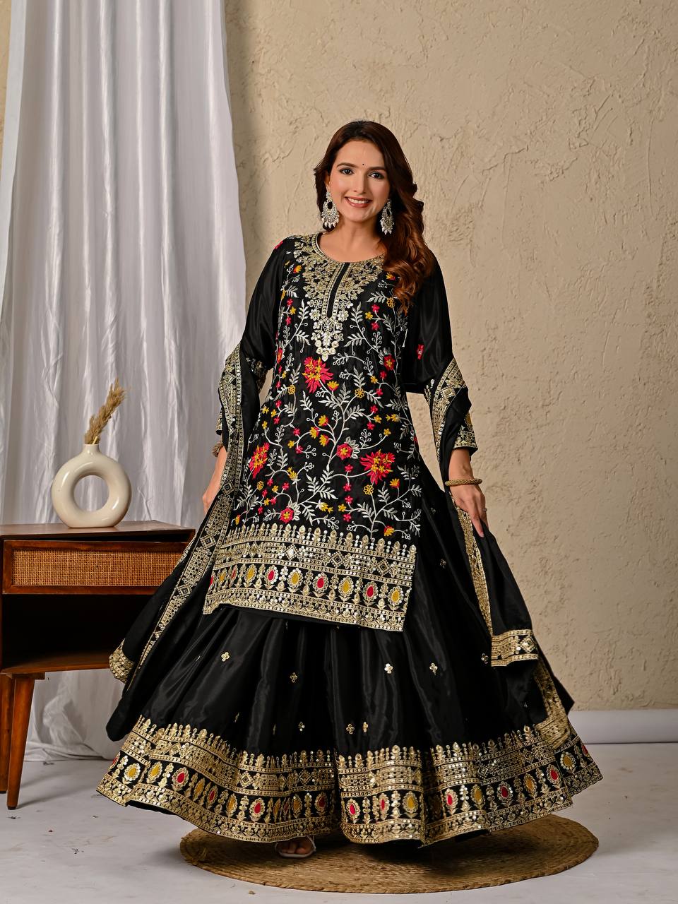 Black Color Heavy Embroidery Work Palazzo Suit