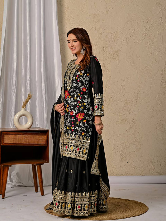 Black Color Heavy Embroidery Work Palazzo Suit