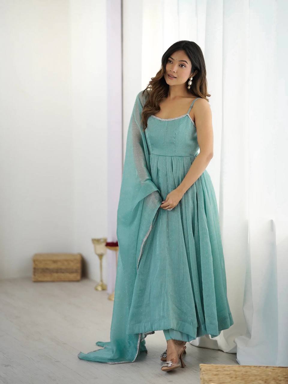 skyblue color dress Zapaka Women Chiffon Mother of the Bride Sky Blue Long Sleeves Wedding Guest Dress with Sequins ZAPAKA Product Details Chiffon A Line V Neck Tea sky blue color dress Sky