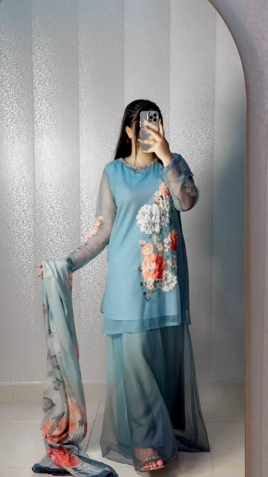 Marvelous Sky Blue Georgette Digital Print Sharara Suit